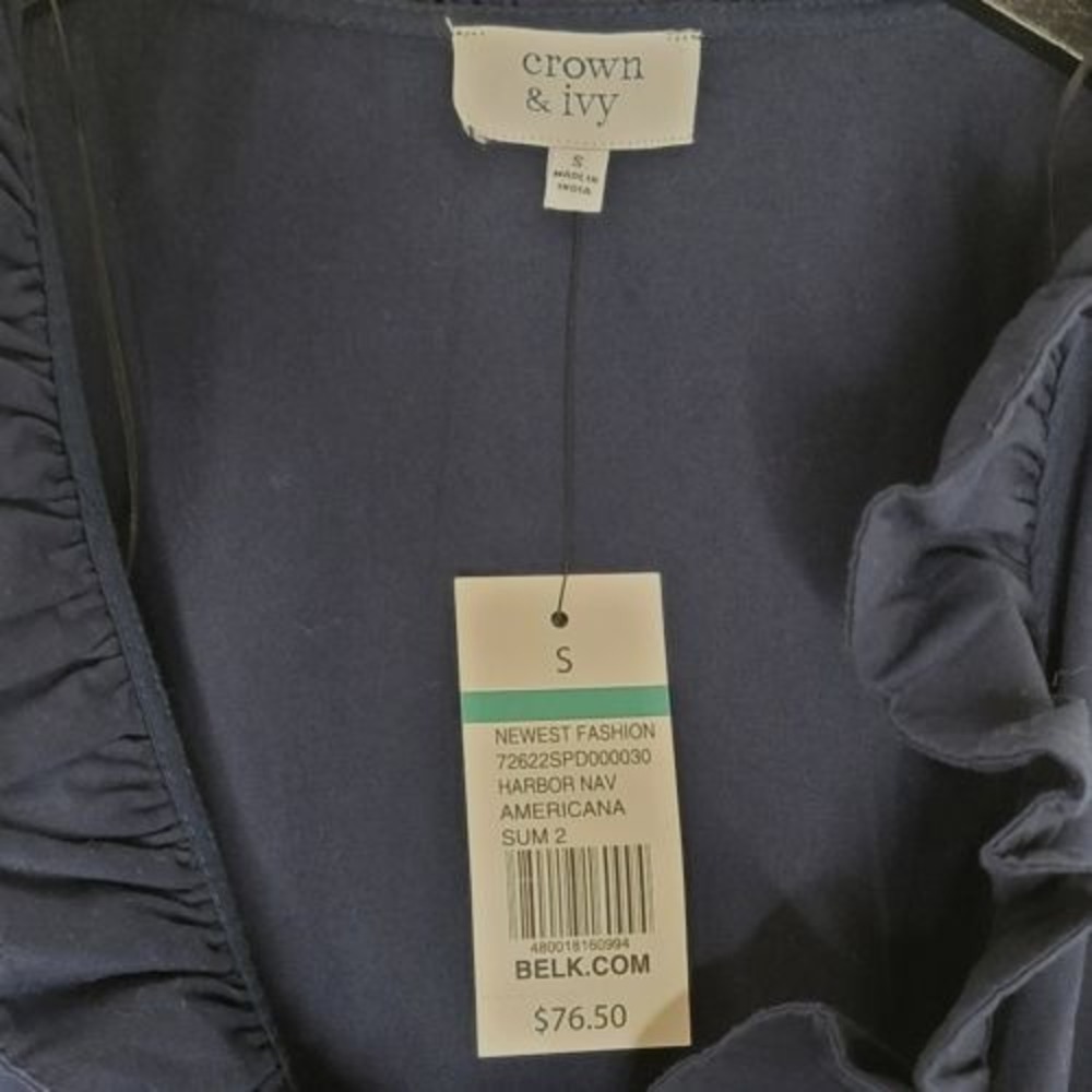 Crown & Ivy Navy Blue Sleeveless Dress Ruffle Neck Belted VNeck Classic Preppy S - Picture 6 of 11